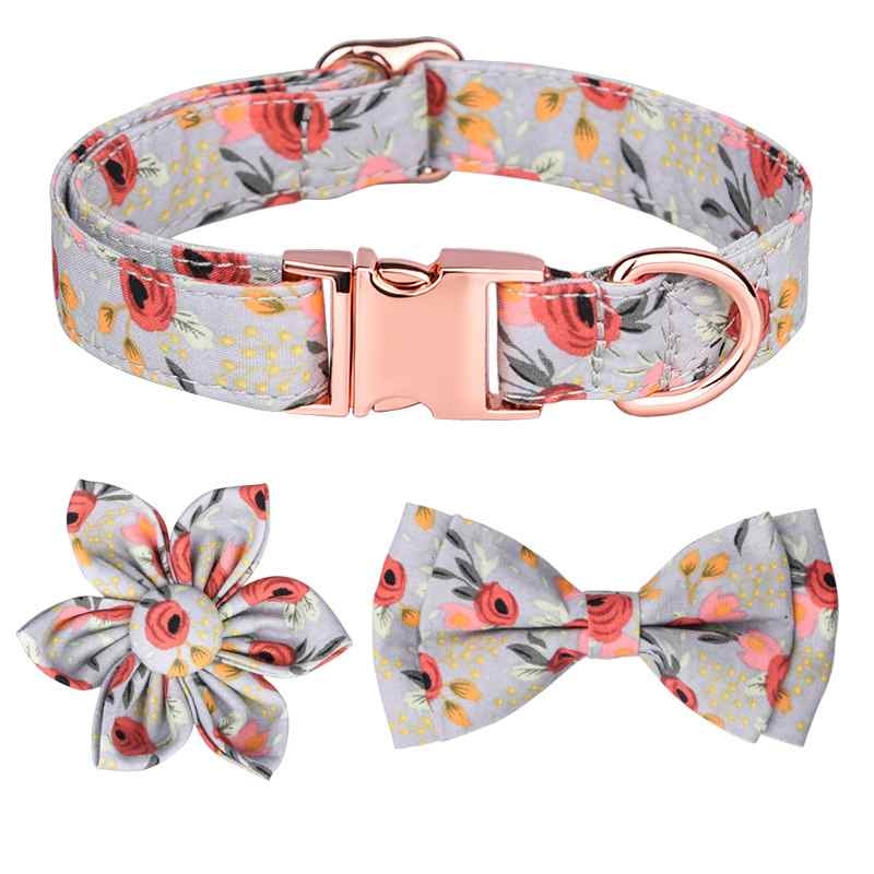 Cotton Orange Green Blue pet collar with bow tie and flower
