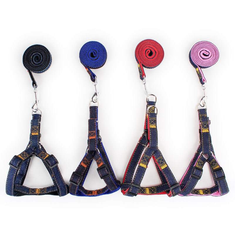 Denim black blue red pink harness with leash